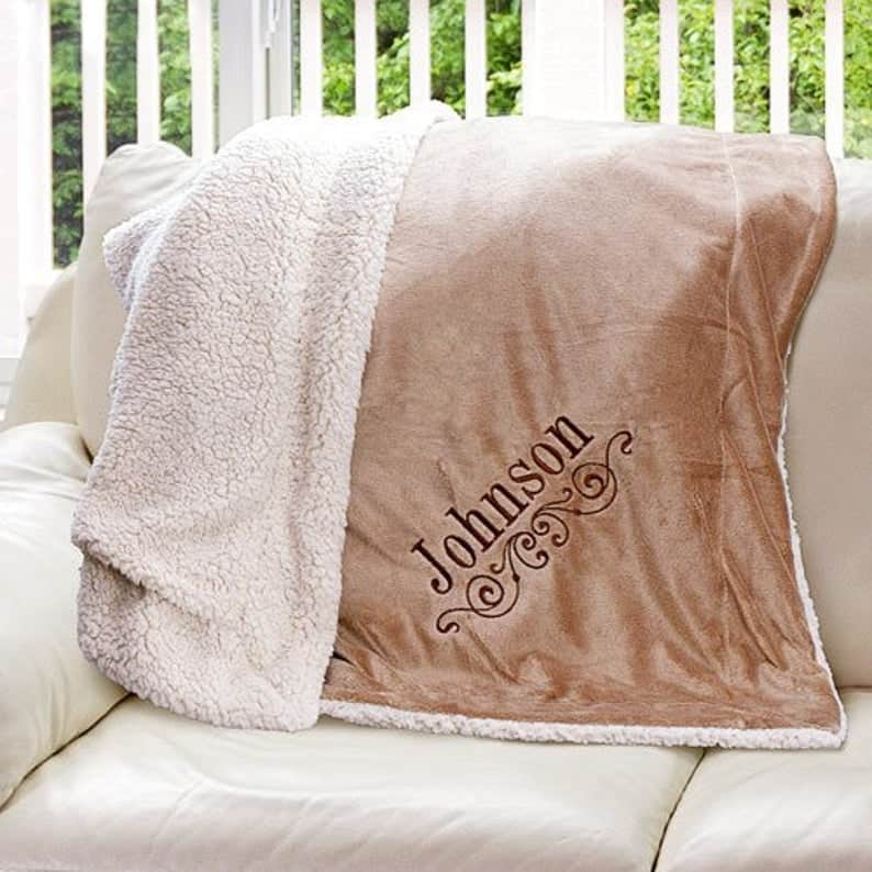 practical bridesmaid gifts: Embroidered Sherpa Blanket