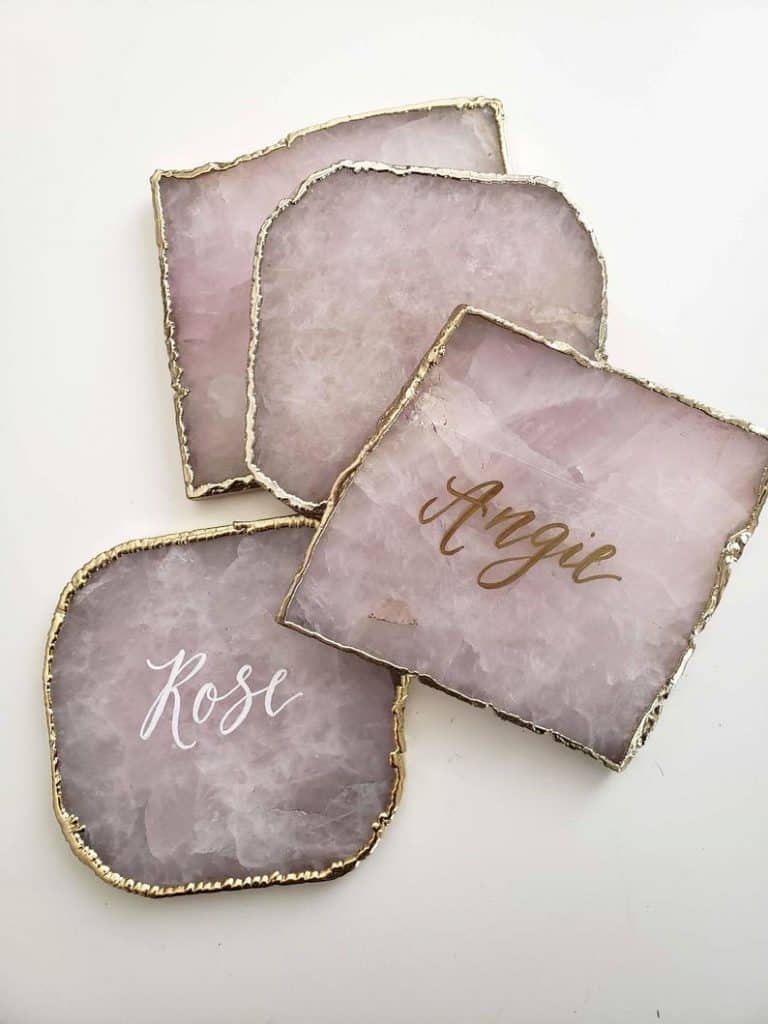 good bridesmaid gift ideas: Personalized Rose Quartz Coasters