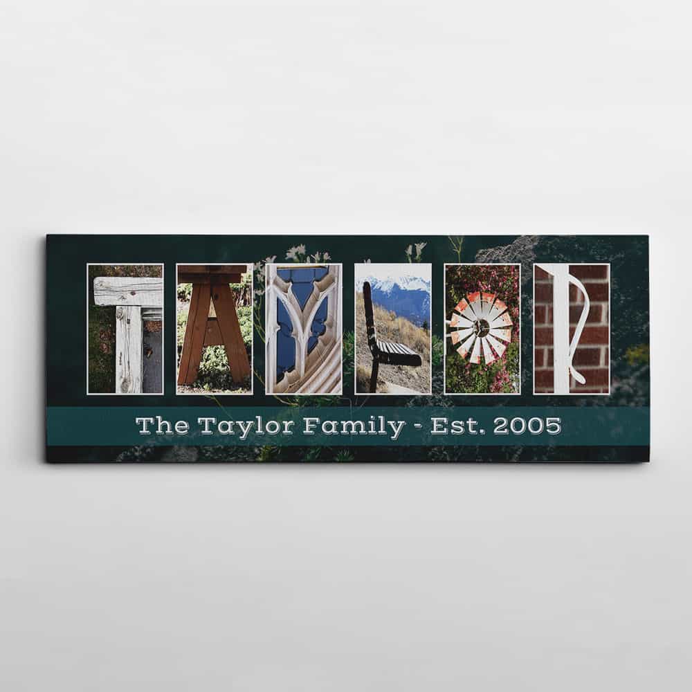 personalized family name sign made of letter art with established date