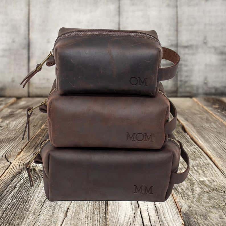 valentines gift ideas for him: personalized leather dopp kit bag