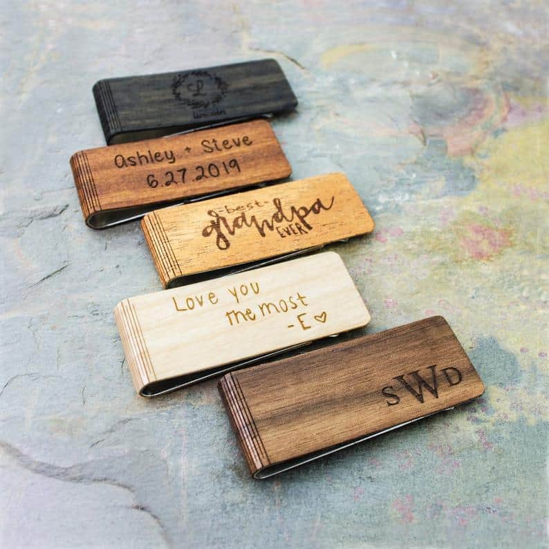 valentine gift ideas for him: personalized wood money clip