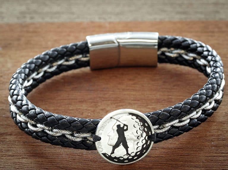 Engraved Silver Coin Sewn on a Leather Bracelet