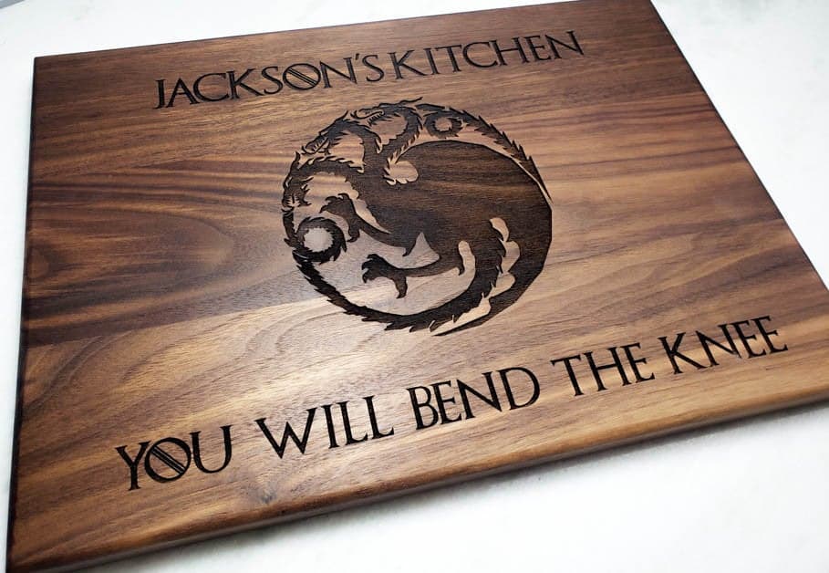 A Cutting Board With The Best Man's name, Targaryen dragon and the words You Will Bend The Knee