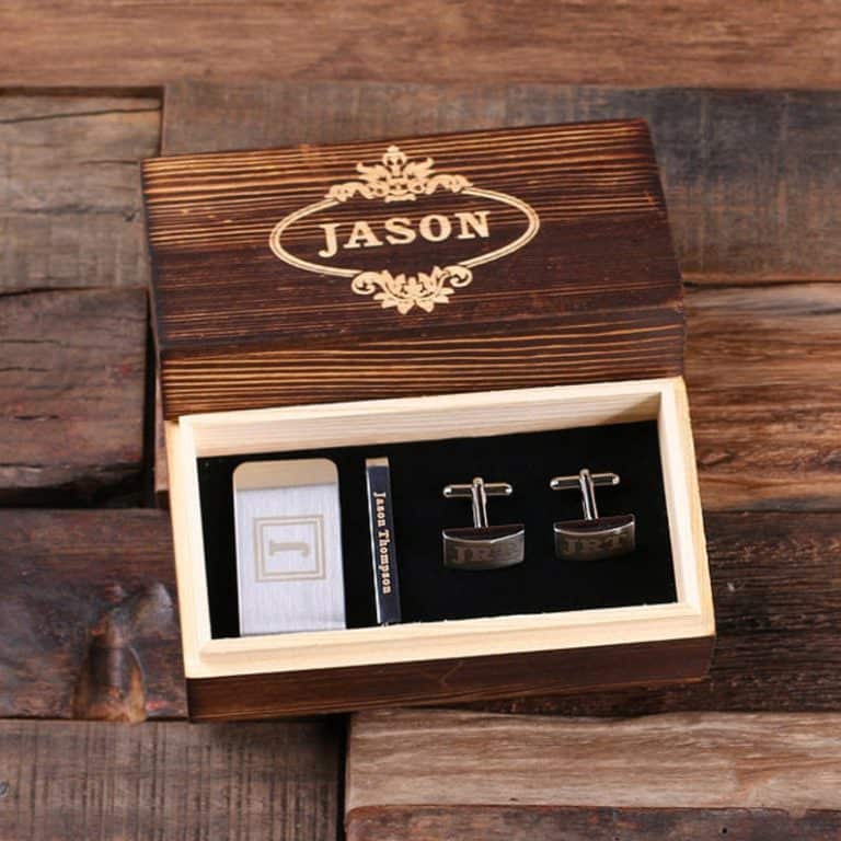 personalized gentleman's gift set with cufflinks, money clip, tie clip