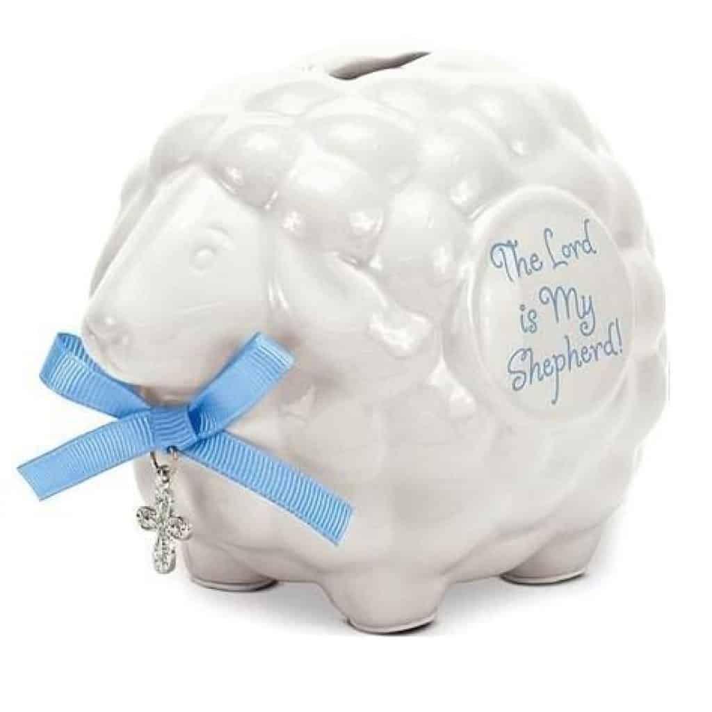 Baby Lamb Bank with blue ribbon - baptism gifts for girls