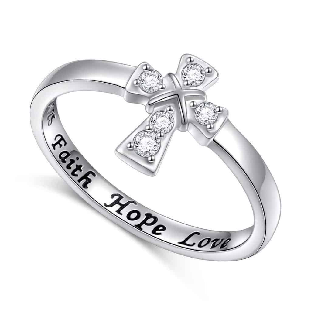 Cross Ring with the text "faith hope love" - baptism gifts for girls