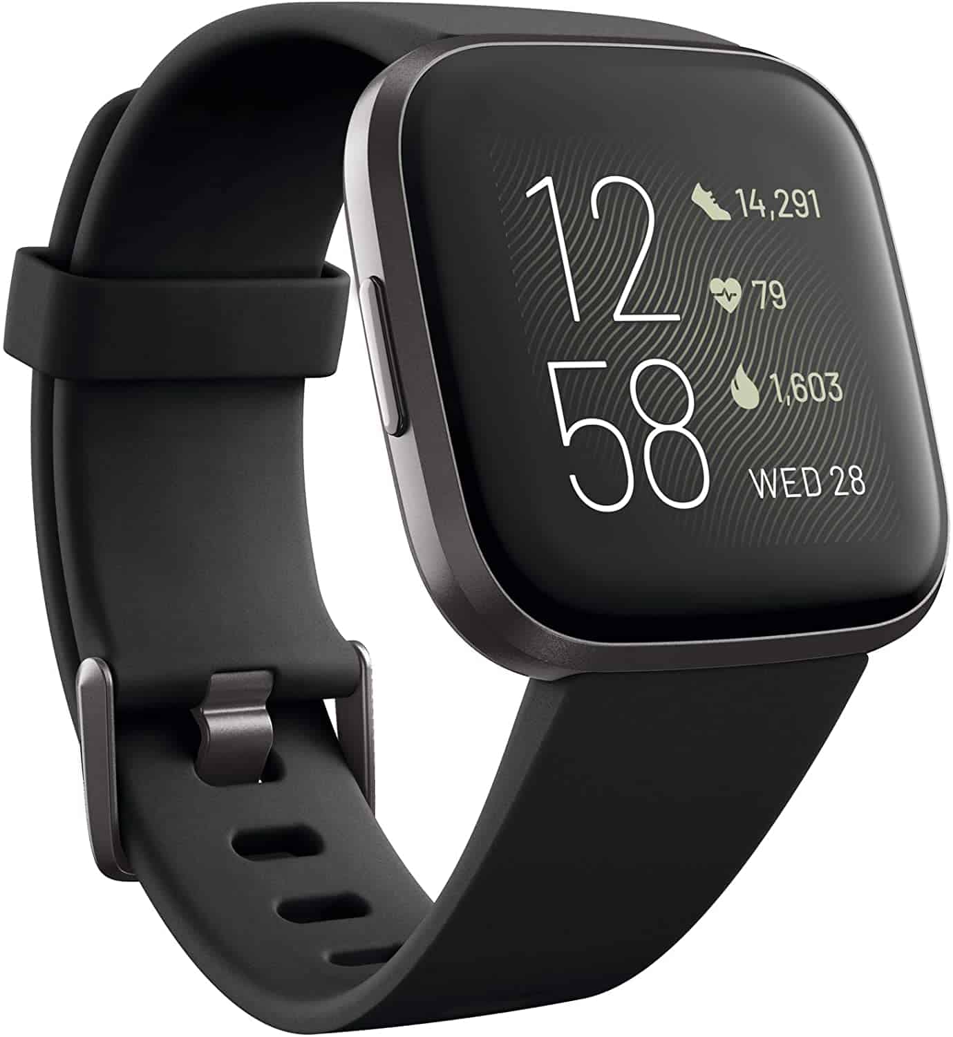 Black Fitbit Versa 2 with square screen