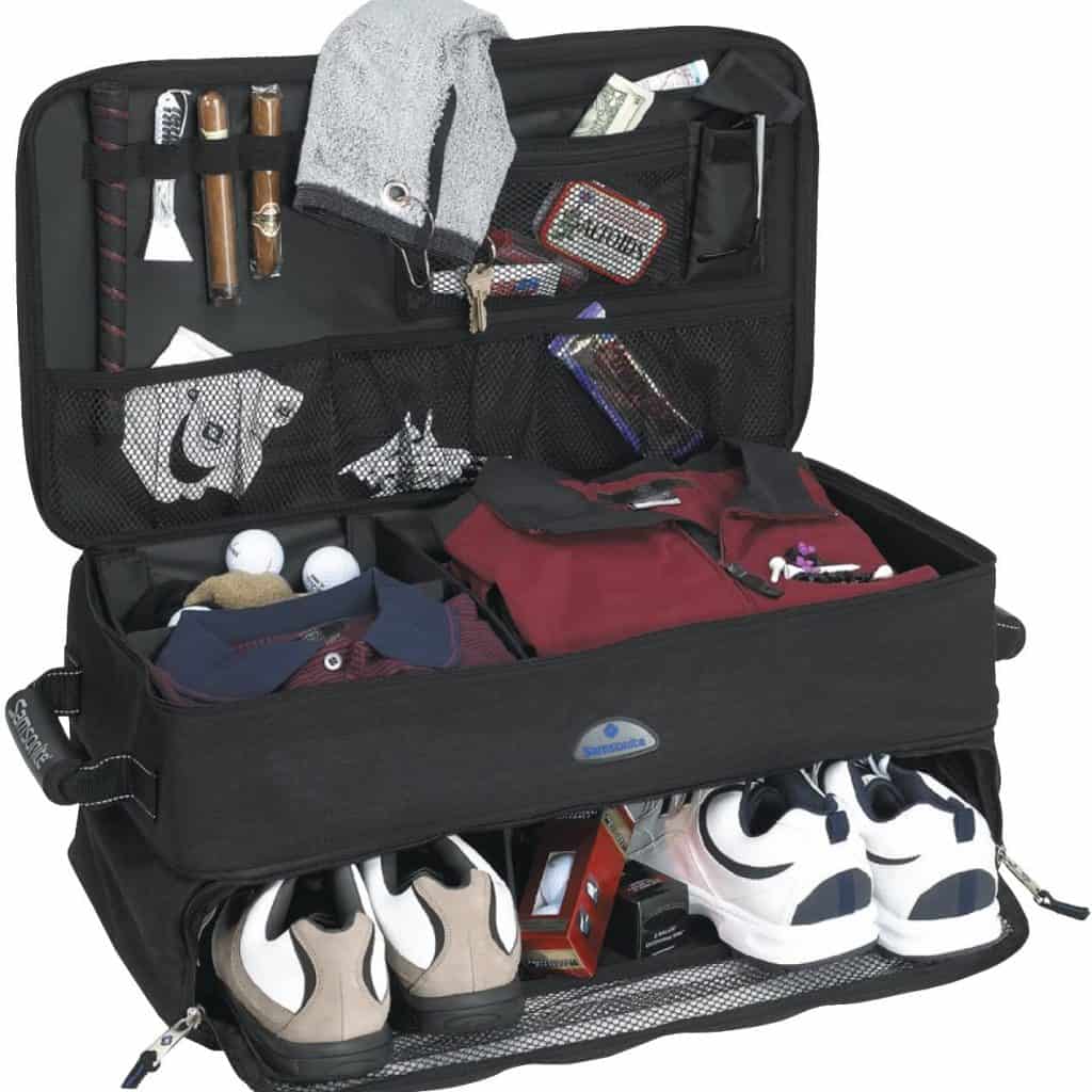 Black Golf Trunk Locker Organizer with shoes and things in there. It's a good retirement gift for men