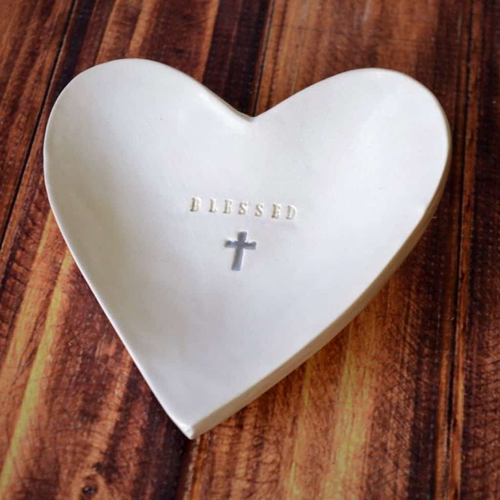 White heart Bowl with cross - baptism gifts for girls