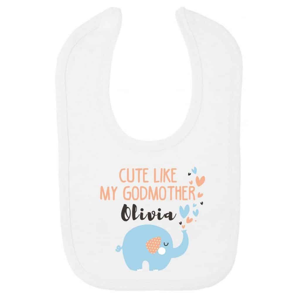 Personalized Baby Bib with text "cute like my godmother" and a picture of an elephant