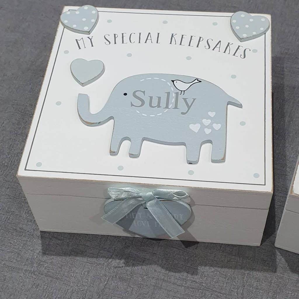 Personalised Wooden Keepsake Box with a gray elephant