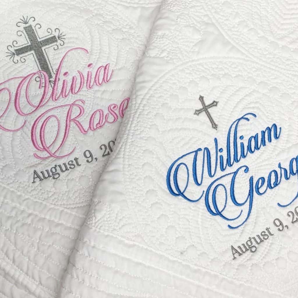 2 Personalized Baptism Blankets. One goes with blue name and the other goes with pink name.