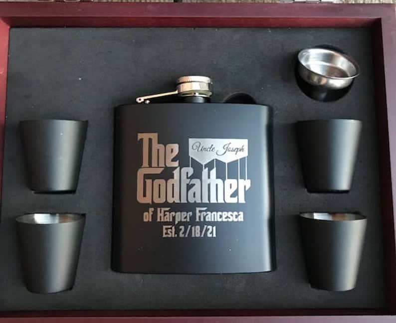 best gifts for godfather: godfather inspired flask set