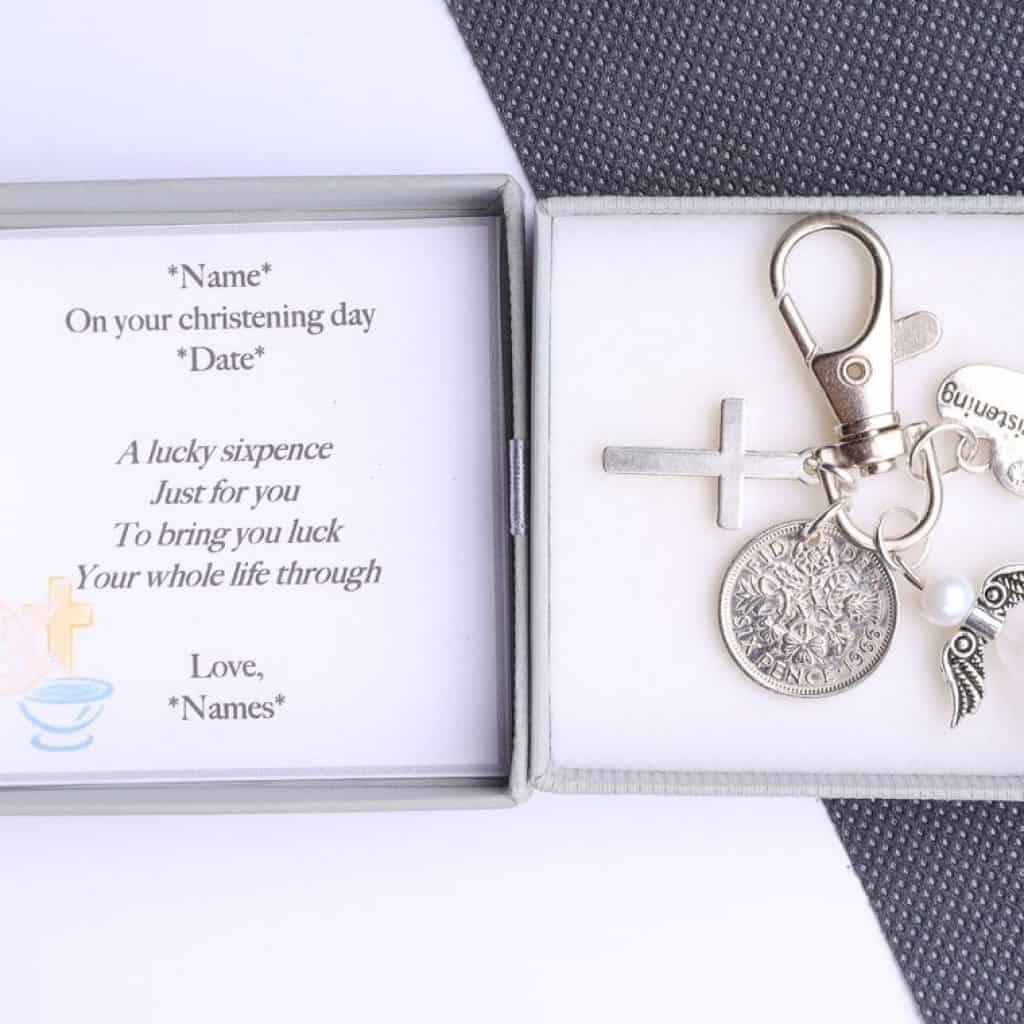 Sixpence Keychain put in a box - baptism gifts for girls
