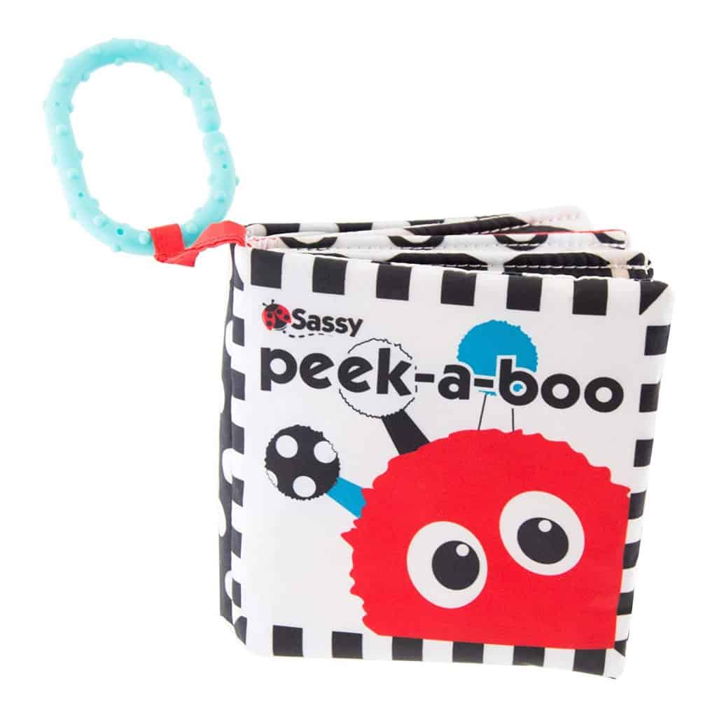 Sassy Peek-a-Boo Activity Book with Attachable Link (Black & White version) - baby boy gifts