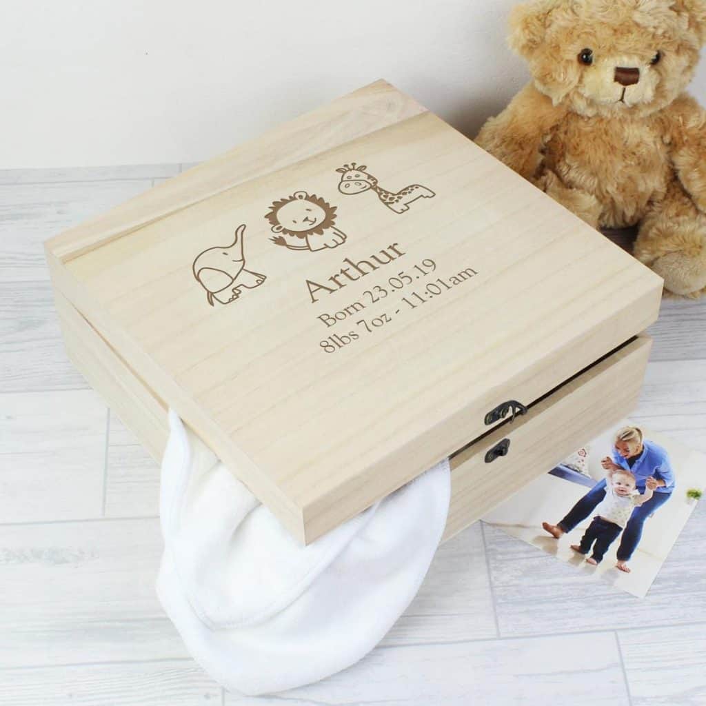 Personalized Wooden Baby Keepsake Box with animals picture and name