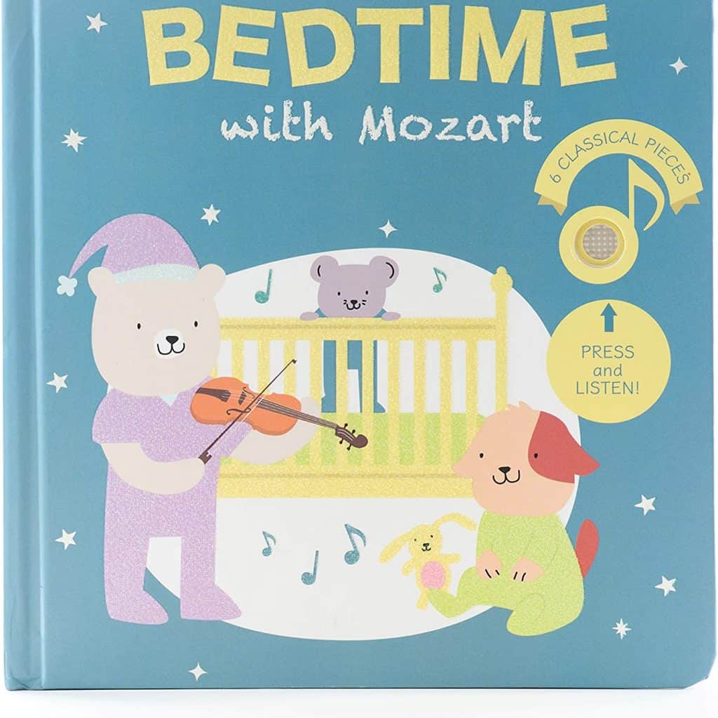 Bedtime with Mozart Press book with pictures of a bear a dog, a rabbit and a mouse