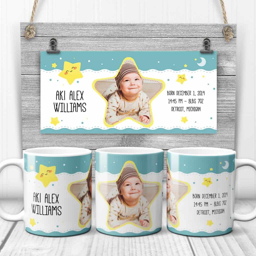 Baby Birth Stat Custom Photo Collage Mug with a picture of a boy