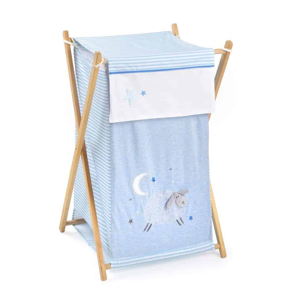 Blue Sheeps Laundry Hamper White Baby Kid Clothes Nursery Hampers with Wooden Stand Folds Flat for Space-Saving Storage