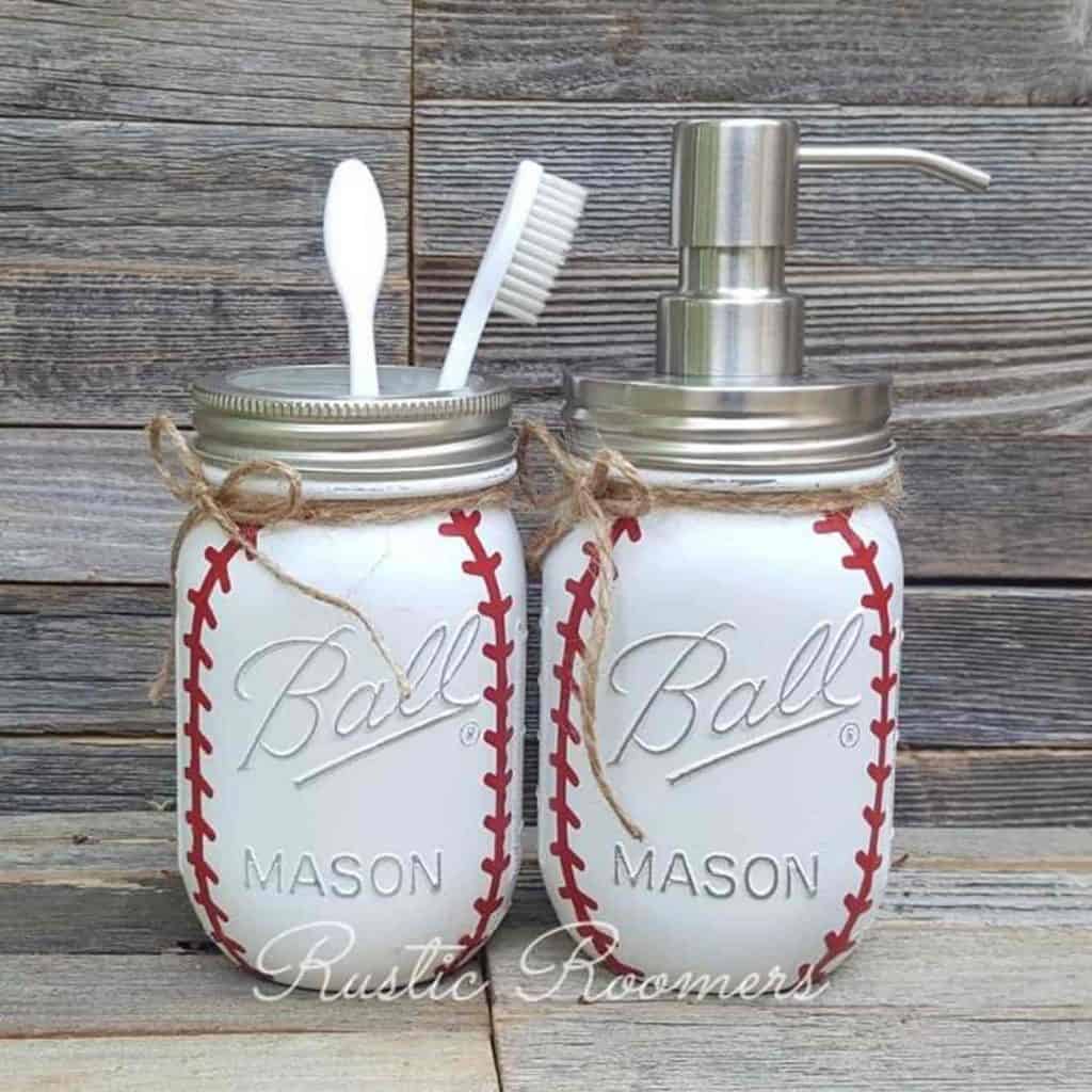 Rustic Baseball Bathroom Decor - Painted Mason Jars