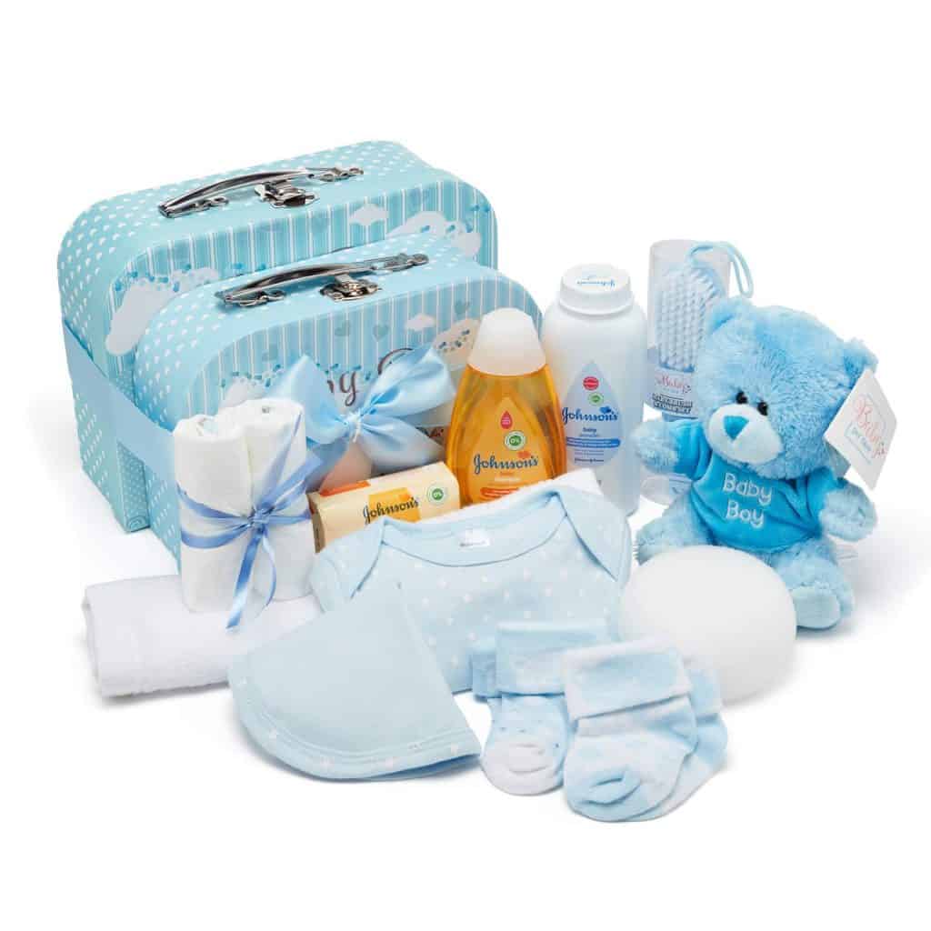Baby Shower Hamper in Blue with Baby Clothes, Teddy Bear and Gifts Presented in 2 Keepsake Boxes