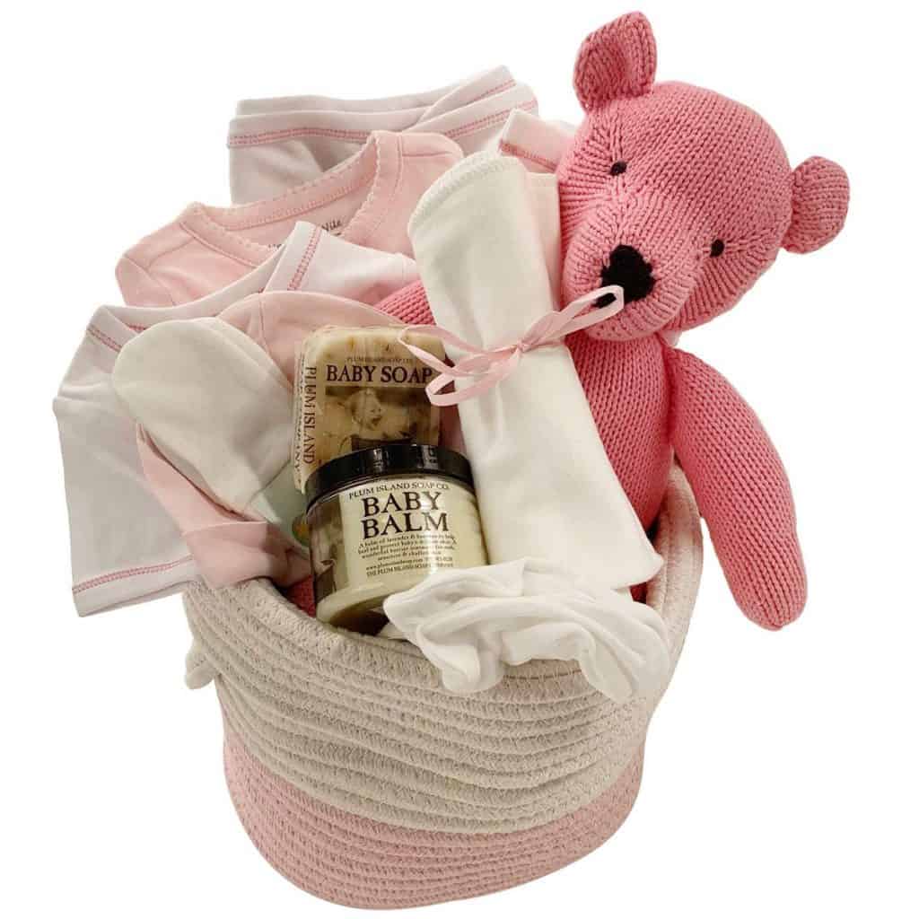 Organic Baby Gift Basket with everything a newborn girl need - best baby girl gifts