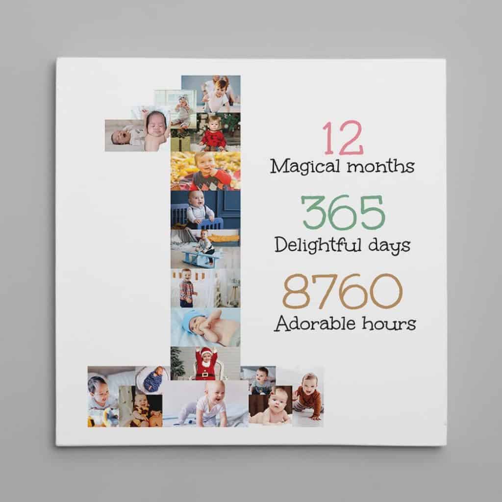 a photo canvas print with pictures of a child in his/her first year