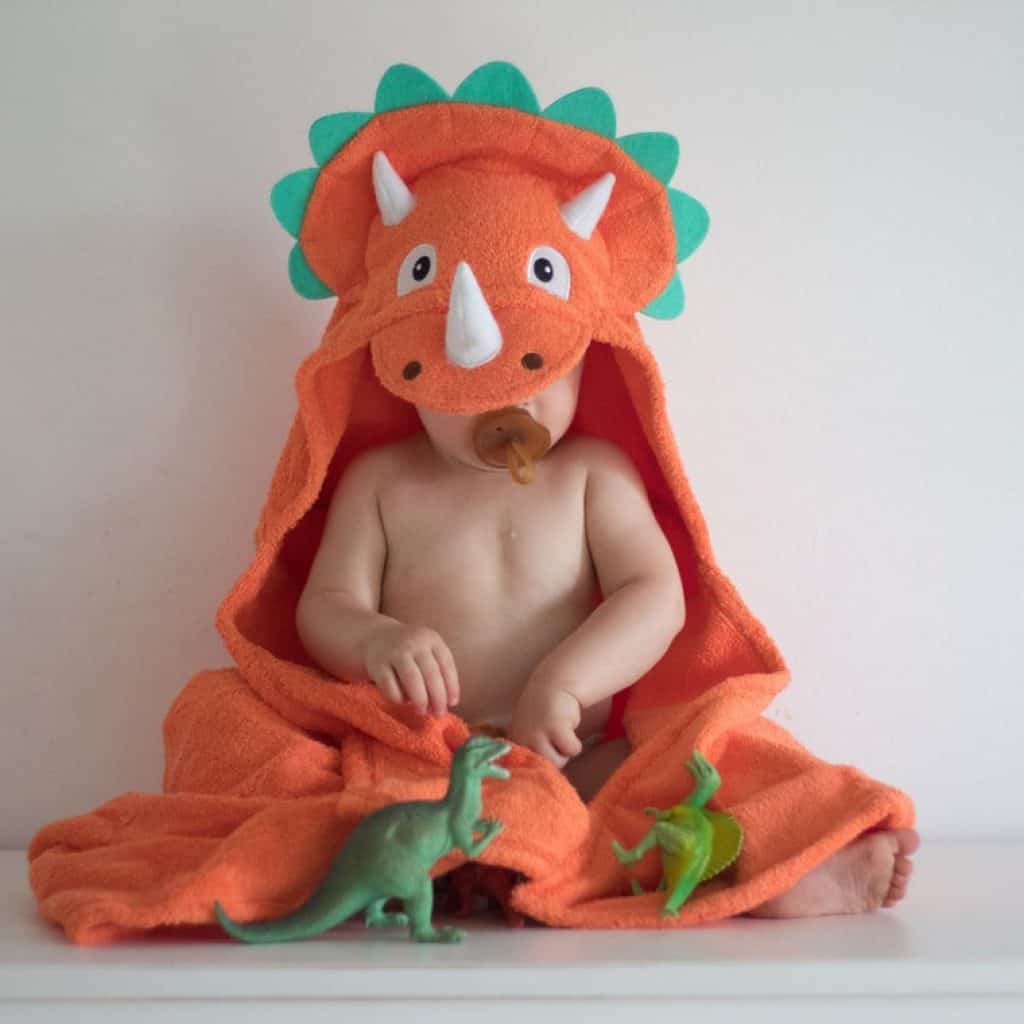 Orange Triceratops hooded towel - baby boy gifts