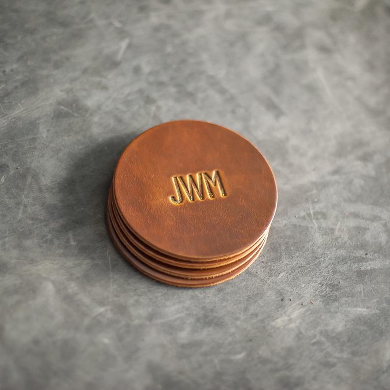 custom whiskey gift: Personalized Leather Coasters Set 