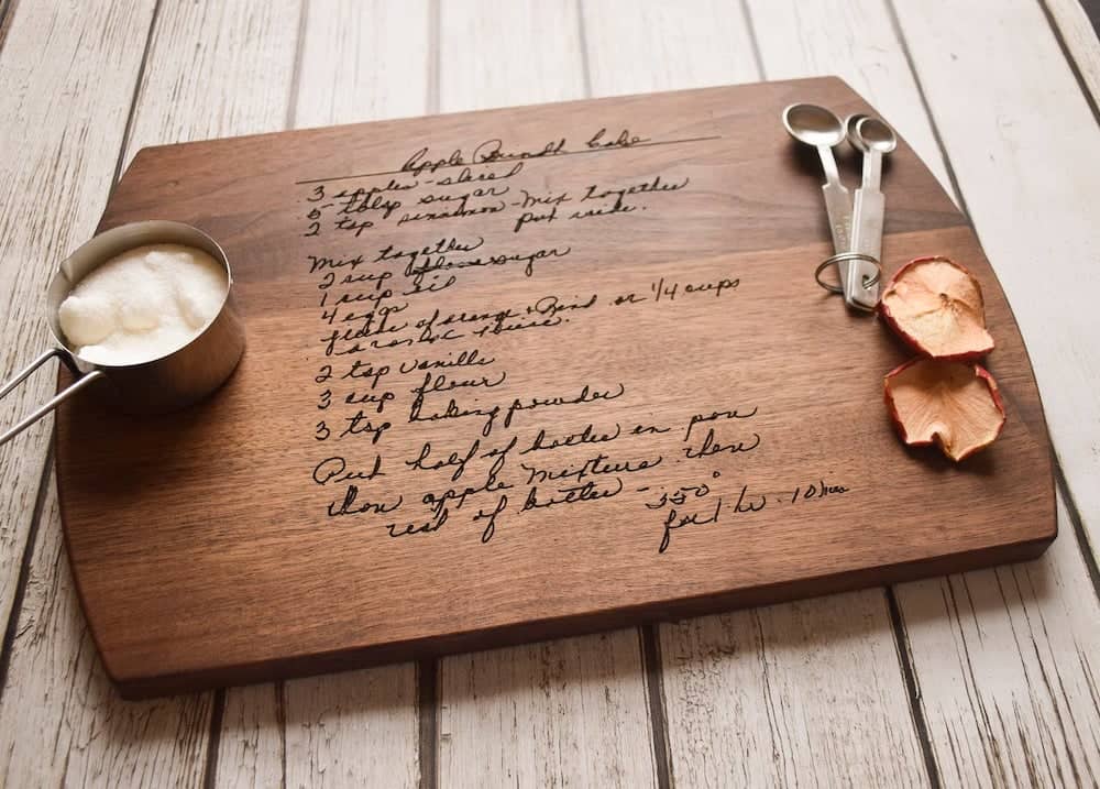 sympathy gifts - a cutting board with Grandma's Handwriting, Engraved Recipe
