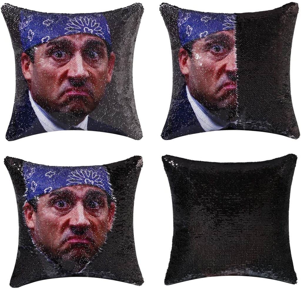 funny white elephant gifts: the office michael scott sequin pillow cover