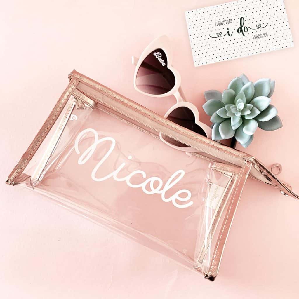 best gifts for bridesmaids: personalized clear makeup bag