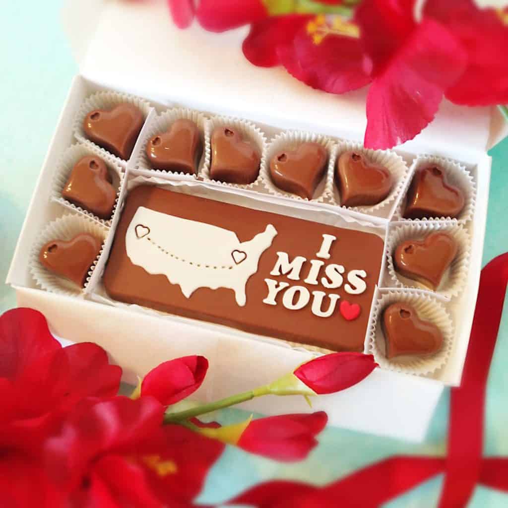 valentines gift for long distance boyfriend: Personalized I Miss You Chocolates