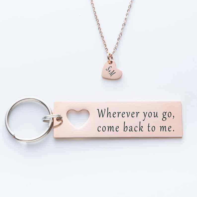 long distance relationship valentines day gift: personalized key chain & necklace set