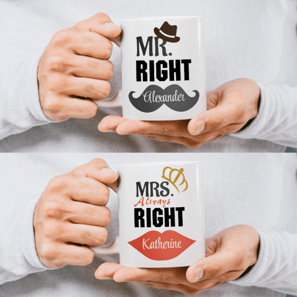 useful anniversary gift for mom and dad: “Mr. Right and Mrs. Always Right” Custom Couple Mugs