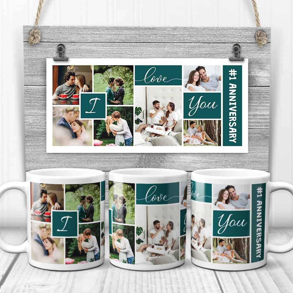 a photo collage mug as 1st year dating anniversary gift for boyfriend