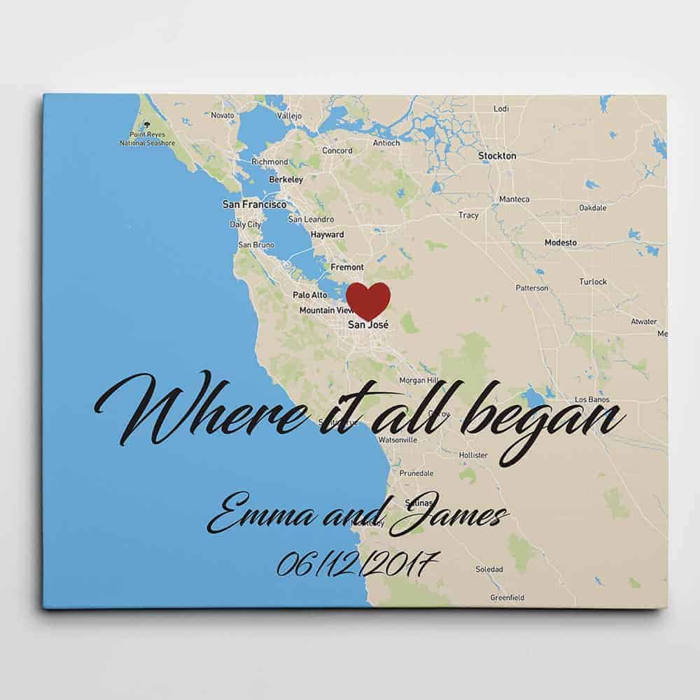 Personalized Map Canvas Print - 1st Valentines Day Gift for Boyfriend