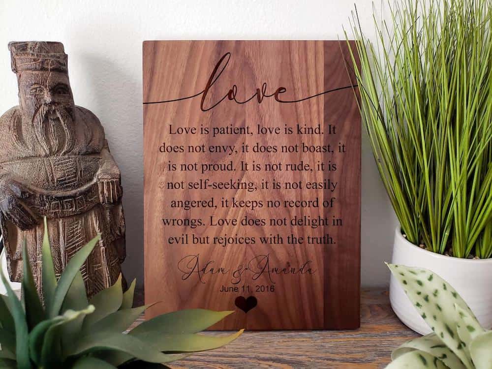 Corinthians 13 Prayer Engraved on Wood, Love is Patient, Love is Kind Personalized Gift for newlywed