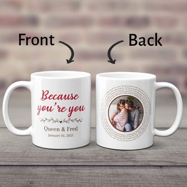 anniversary gift for friend couple: Spiral Song Lyrics Mug with Photo
