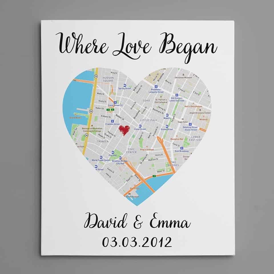 surprise anniversary gift boyfriend: Where Love Began Map Art Canvas Print