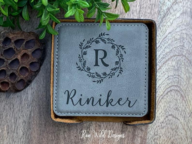 engravable anniversary gifts: engraved leather coaster set