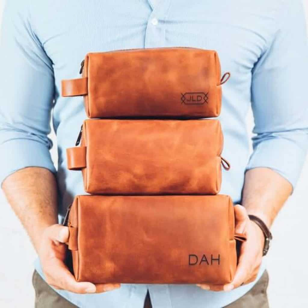 last minute anniversary gifts for him: personalized leather dopp kit