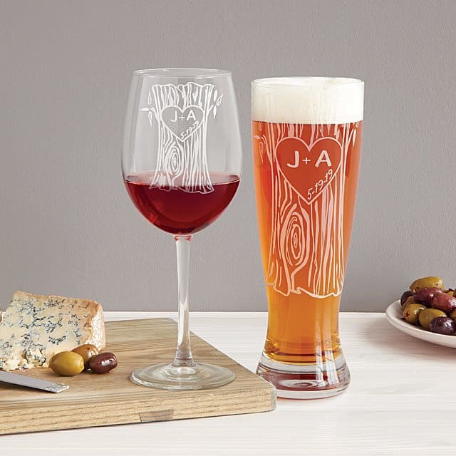 engraved anniversary gifts: personalized tree trunk glassware duo