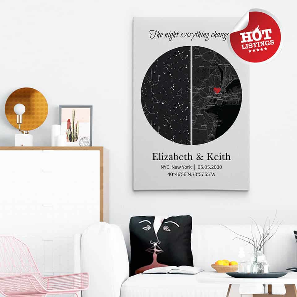 best anniversary gifts for her 2021: Custom Star Map And City Map Canvas Print