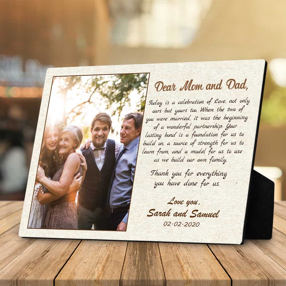 a desktop photo plaque gift for parents on wedding day