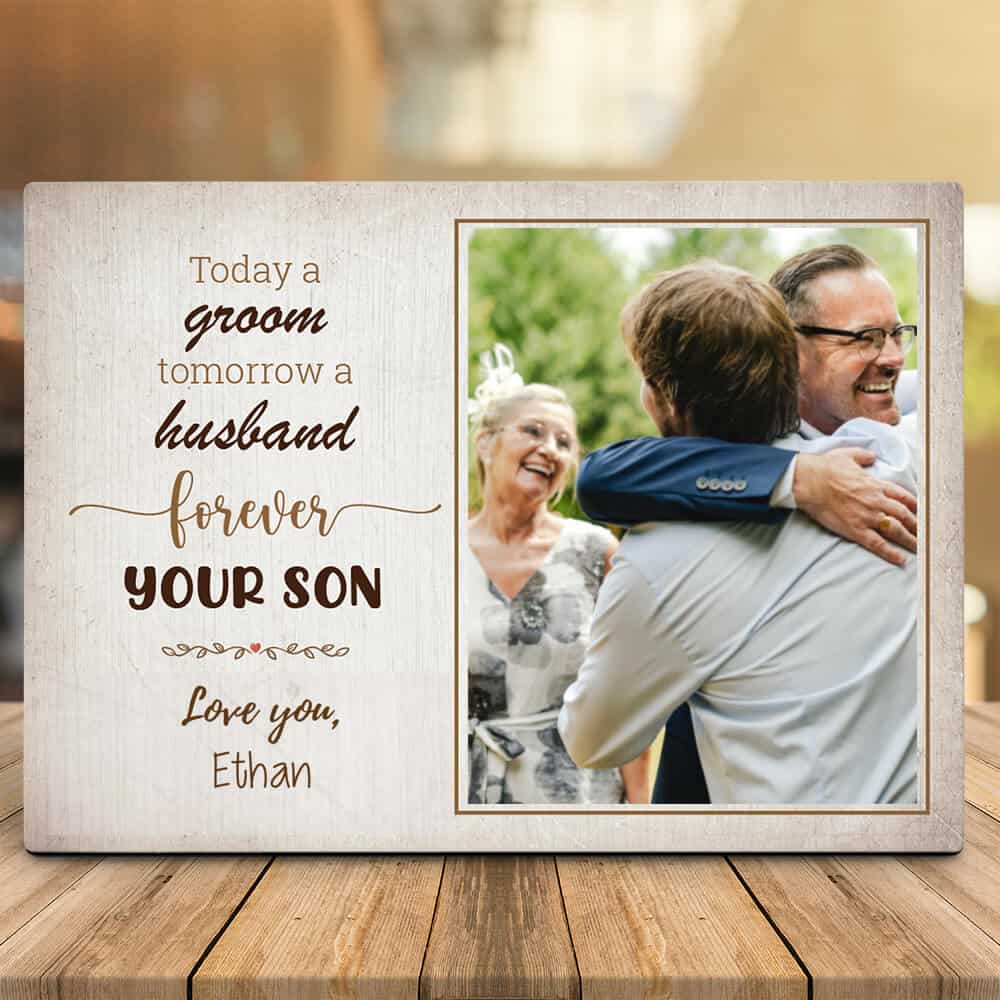 A desktop photo plaque gift for parents of the groom on wedding day