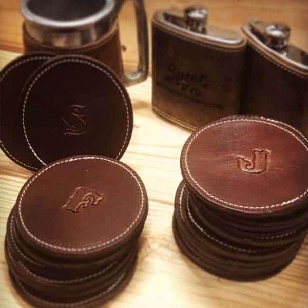 male housewarming gifts: Personalized leather coasters