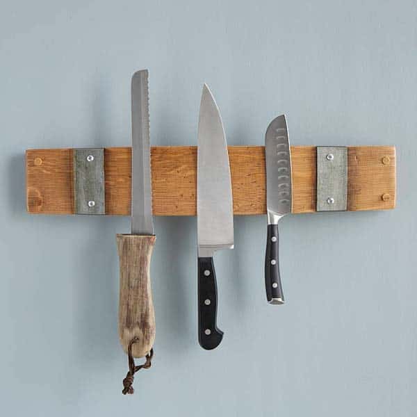 housewarming gifts for men: reclaimed wine barrel magnetic knife rack