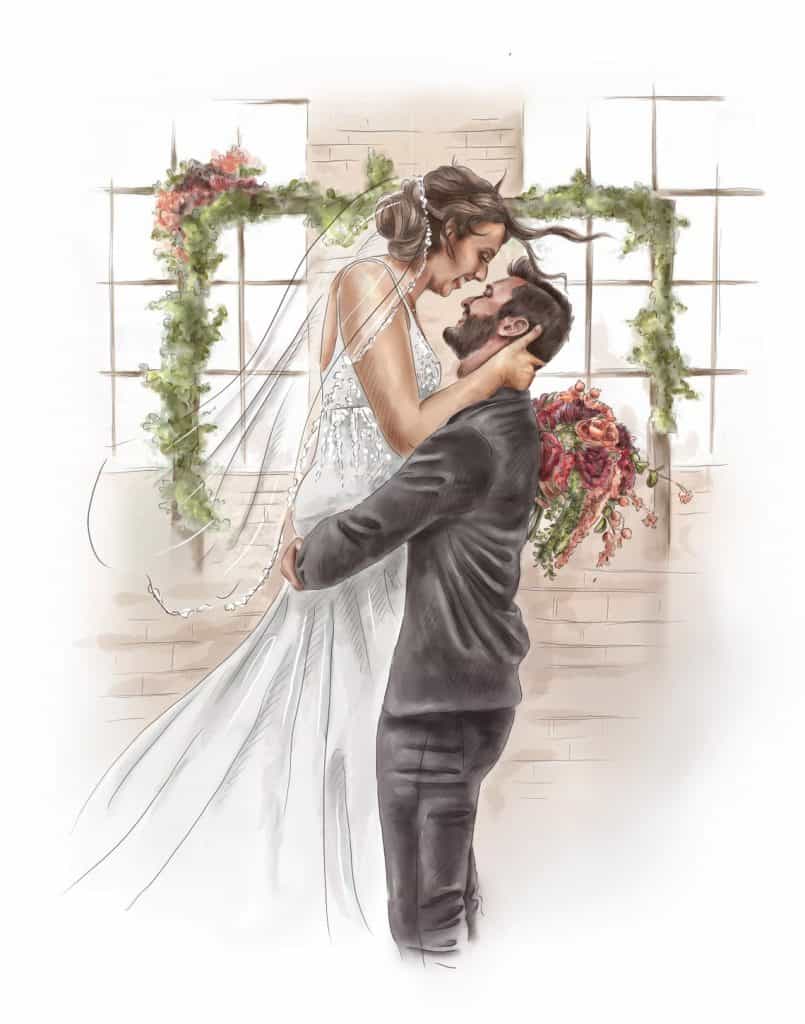 a portrait illustration of bride and groom