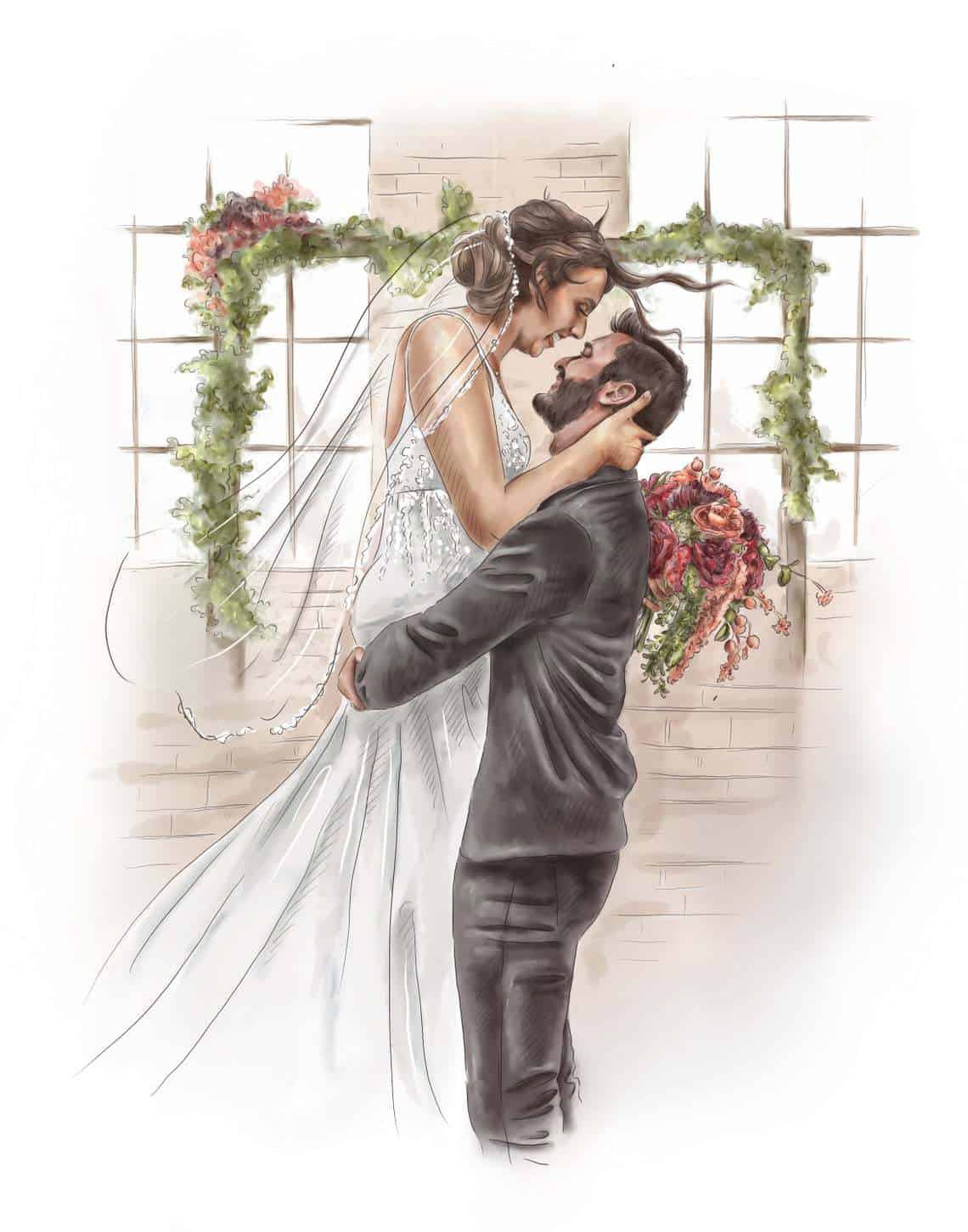 an illustration portrait of bride and groom